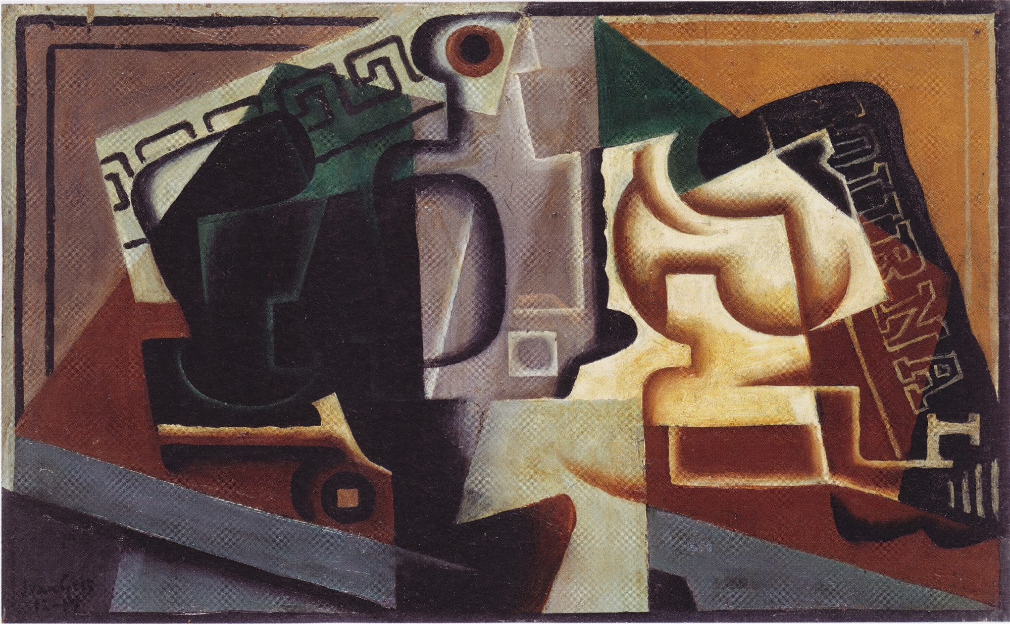 Uma pintura cubista de Juan Gris, apresentando uma natureza-morta com formas geométricas fragmentadas em tons de marrom, ocre, cinza e verde escuro. Objetos como garrafas e jornais são discerníveis, mas estilizados.