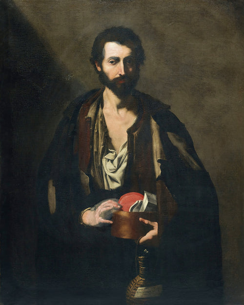 Retrato de um homem barbudo, possivelmente cego, em tons escuros com forte contraste de luz e sombra, segurando uma tigela de madeira. Obra de Jusepe de Ribera.