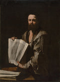 Retrato de um homem barbudo, de vestes simples e rasgadas, segurando um livro aberto com diagramas geométricos, iluminado por uma forte luz lateral em um fundo escuro, técnica de chiaroscuro. Atribuído a Jusepe de Ribera.