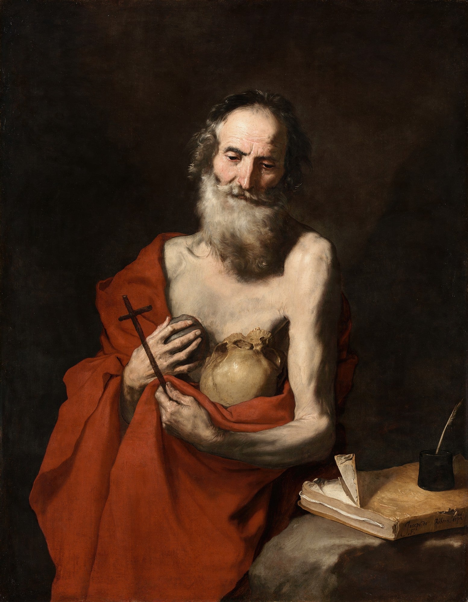 Quadro decorativo 'São Jerônimo Penitente' de Jusepe de Ribera, com o santo idoso de barba branca, torso nu coberto por manto vermelho, segurando um crucifixo e um crânio, em um fundo escuro.