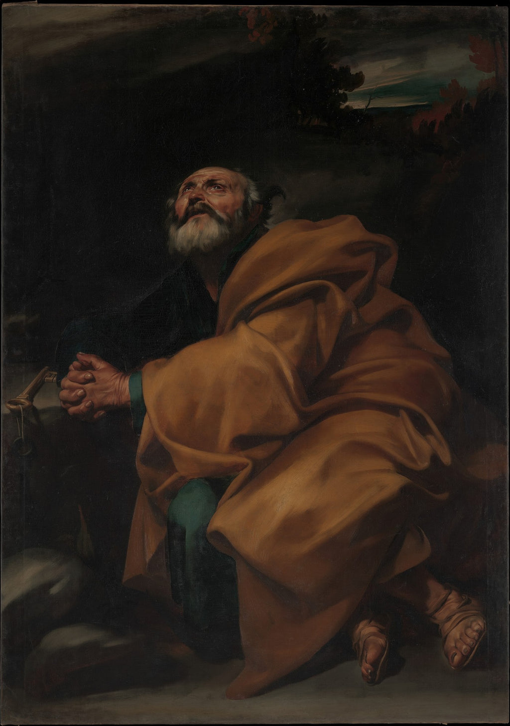 Quadro decorativo mostrando São Pedro ajoelhado, com as mãos unidas em oração, olhando para cima com expressão de arrependimento. A cena escura e dramática, com detalhes realistas nos drapeados e no rosto do santo, enfatiza o tenebrismo barroco.