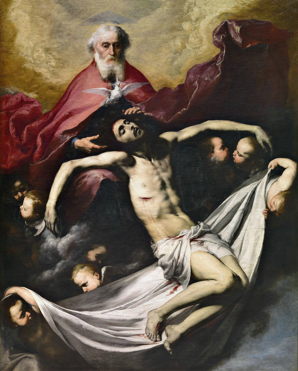 Pintura barroca 'A Santíssima Trindade' de Jusepe de Ribera, representando Deus Pai segurando Cristo morto com o Espírito Santo em forma de pomba acima, rodeados por anjos. Cores escuras e dramáticas com foco na luz sobre as figuras divinas.