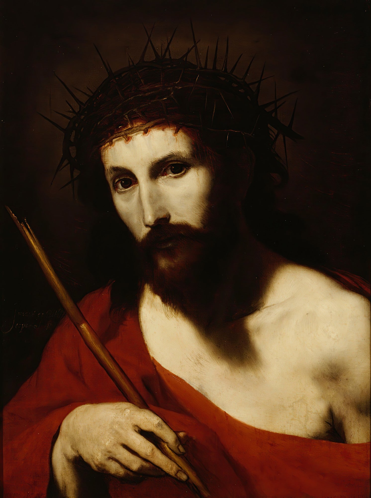 Quadro decorativo 'Ecce Homo' de Jusepe de Ribera, retratando Jesus Cristo com a coroa de espinhos e um olhar de profunda dignidade, utilizando a técnica de claro-escuro barroca.