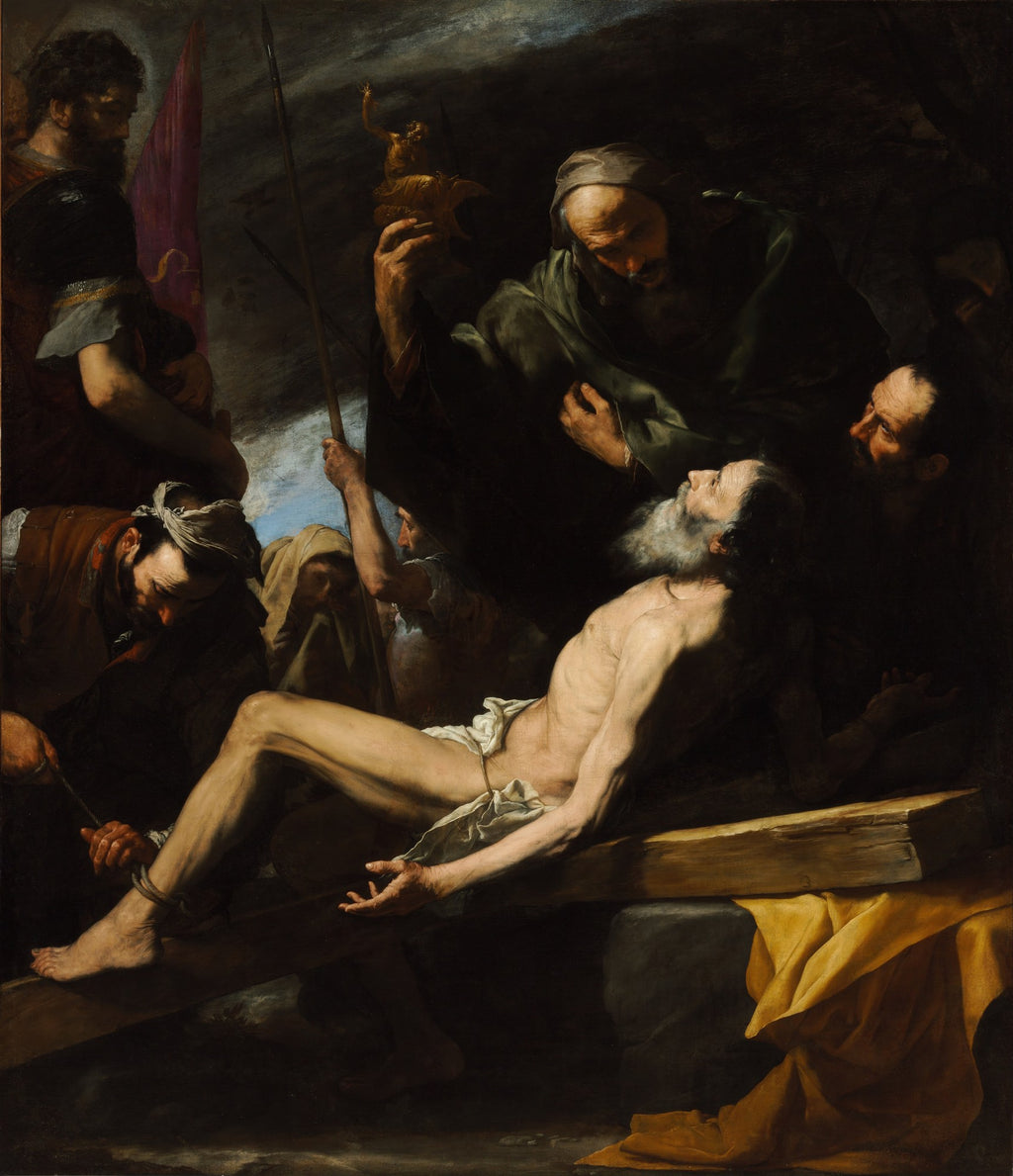 Pintura barroca 'O Martírio de São Bartolomeu' de Jusepe de Ribera, retratando o santo com corpo magro e barba branca sendo amarrado e torturado por homens em um cenário escuro com dramáticos contrastes de luz e sombra.