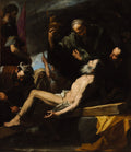 Pintura barroca 'O Martírio de São Bartolomeu' de Jusepe de Ribera, retratando o santo com corpo magro e barba branca sendo amarrado e torturado por homens em um cenário escuro com dramáticos contrastes de luz e sombra.