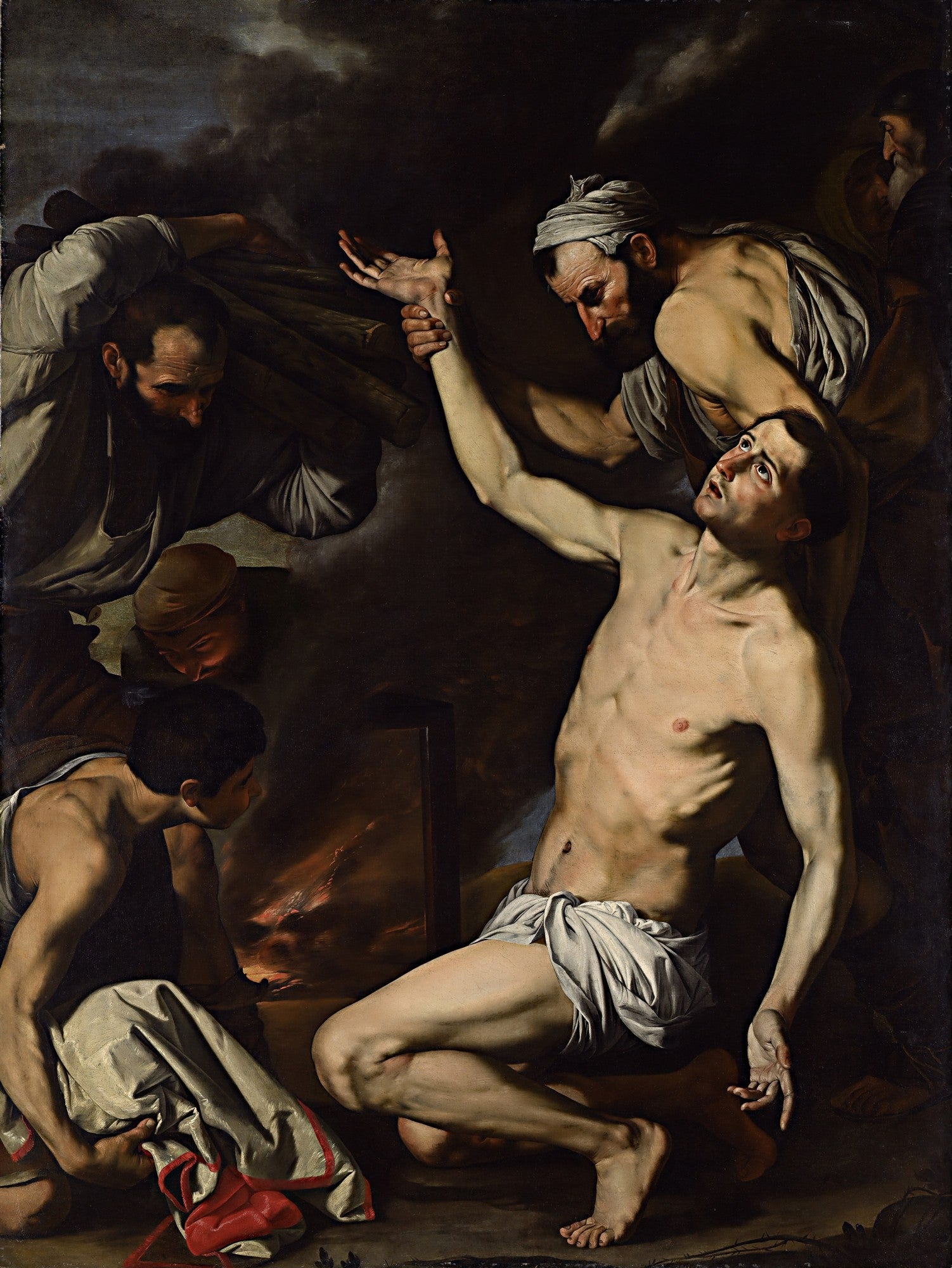 Quadro "Martírio de São Lourenço" de Jusepe de Ribera, mostrando São Lourenço nu no centro, sendo torturado por homens ao redor. A cena é escura, com luz dramática iluminando a figura principal e o fogo ao fundo.