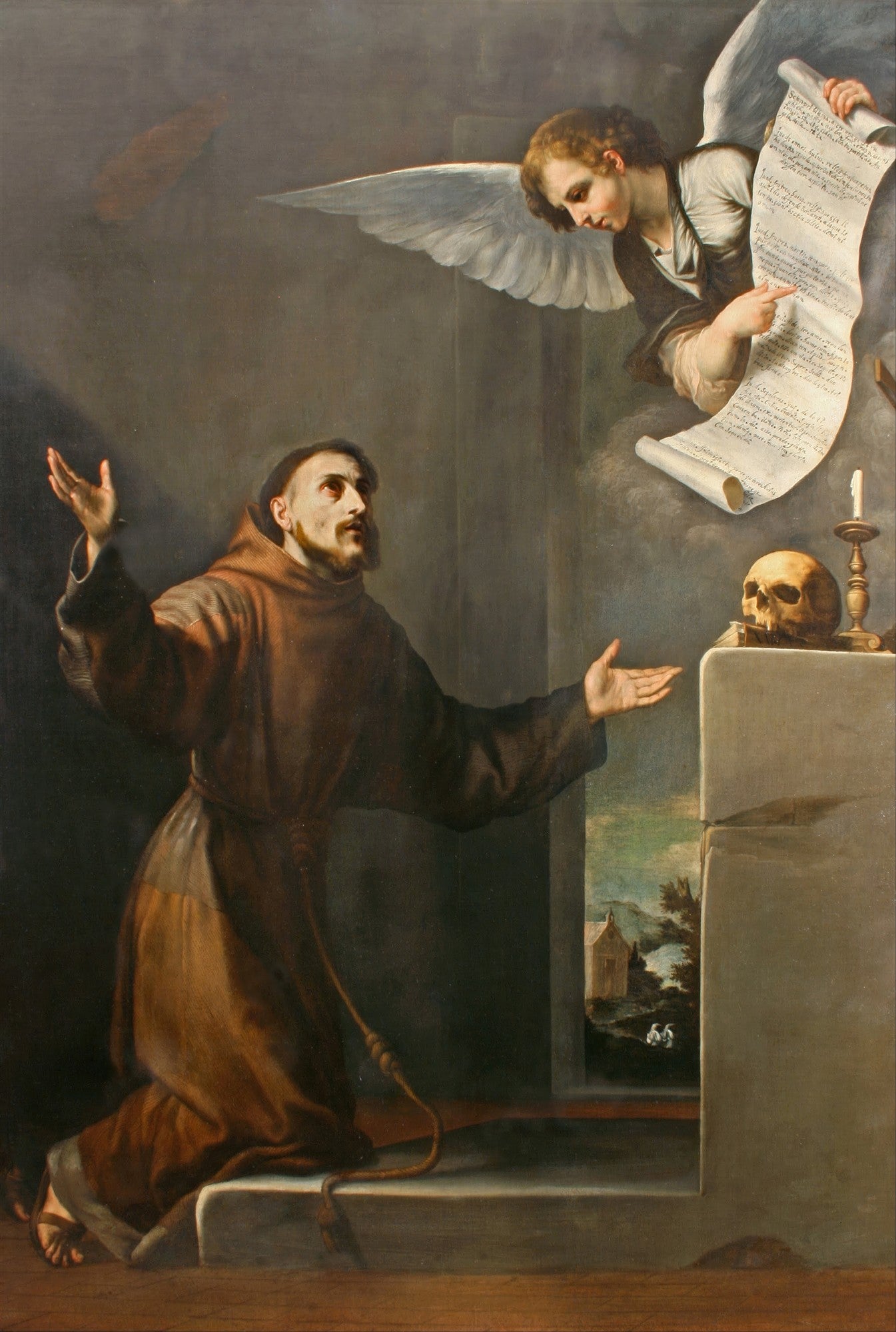 Quadro decorativo mostrando São Francisco ajoelhado em oração, com um anjo acima segurando um pergaminho e um crânio em uma mesa, em estilo barroco.
