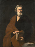 Retrato de um homem idoso com barba grisalha e cabelos longos, vestindo uma túnica escura e um manto marrom, segurando um livro grande. A iluminação dramática realça seu rosto pensativo em um fundo escuro. Obra atribuída a Jusepe de Ribera.
