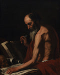 Quadro decorativo mostrando São Jerônimo, um homem idoso com barba branca e calvo, sem camisa, envolto em um manto vermelho, escrevendo em um livro com uma pena. A cena é escura, iluminada por uma fonte de luz lateral que realça o rosto concentrado, os músculos do braço e os pergaminhos. Uma caveira repousa ao lado dos livros, simbolizando a mortalidade.