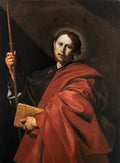 Quadro decorativo de São Tiago Menor, pintura a óleo de Jusepe de Ribera. Retrato de um homem barbudo, com manto vermelho e túnica escura, segurando um bastão e um livro, sobre fundo escuro. A luz incide dramaticamente sobre o rosto e o manto.