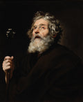 Retrato de um homem velho com barba branca e cabelos grisalhos, olhando para cima com expressão de súplica ou admiração, segurando uma bengala e com pequenas flores brancas flutuando ao lado. Fundo escuro. Obra de Jusepe de Ribera.