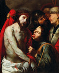 Quadro decorativo "Ecce Homo" de Jusepe de Ribera, representando Jesus Cristo com a coroa de espinhos e manto vermelho, cercado por figuras que o observam com expressões variadas, destacando o sofrimento e a dramaticidade barroca. Impressão fine art.