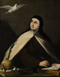 Retrato de Santa Teresa de Ávila, monja carmelita, com um olhar contemplativo para cima, enquanto escreve. Uma pomba branca paira sobre sua cabeça e um crânio repousa sobre livros ao seu lado. Obra de Jusepe de Ribera.