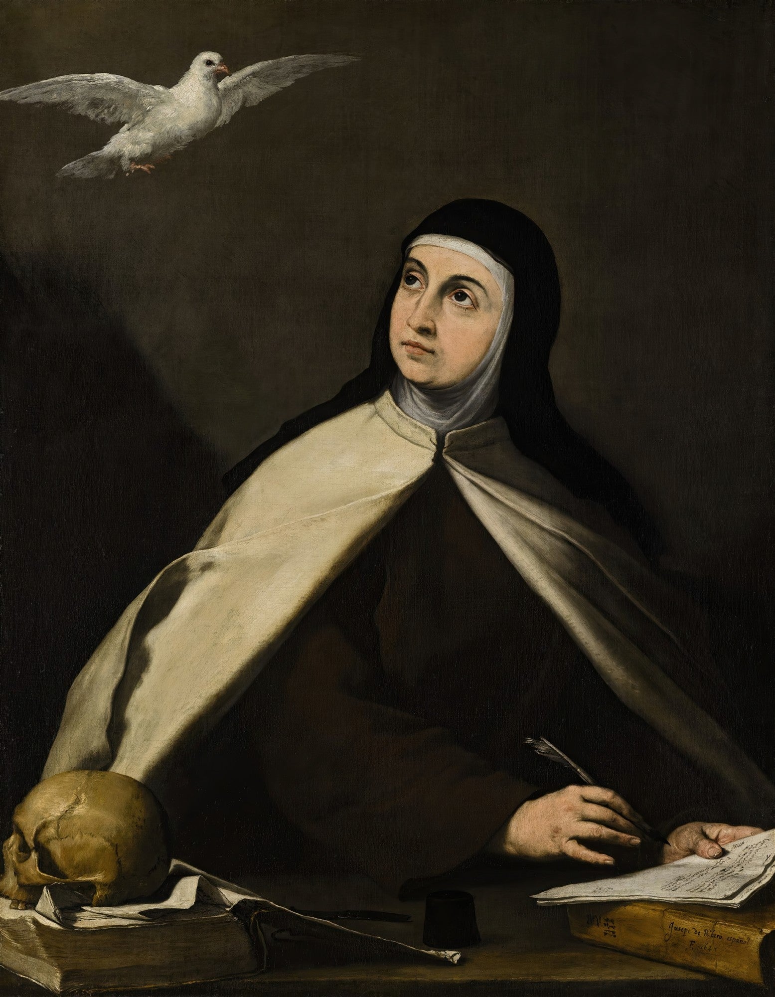 Retrato de Santa Teresa de Ávila, monja carmelita, com um olhar contemplativo para cima, enquanto escreve. Uma pomba branca paira sobre sua cabeça e um crânio repousa sobre livros ao seu lado. Obra de Jusepe de Ribera.
