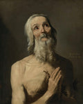Quadro decorativo do 'São Jerônimo Penitente' de Jusepe de Ribera, mostrando um homem idoso, de barba e cabelos brancos, olhando para cima com expressão de súplica, mãos em oração segurando um rosário, com a pele enrugada e um fundo escuro.