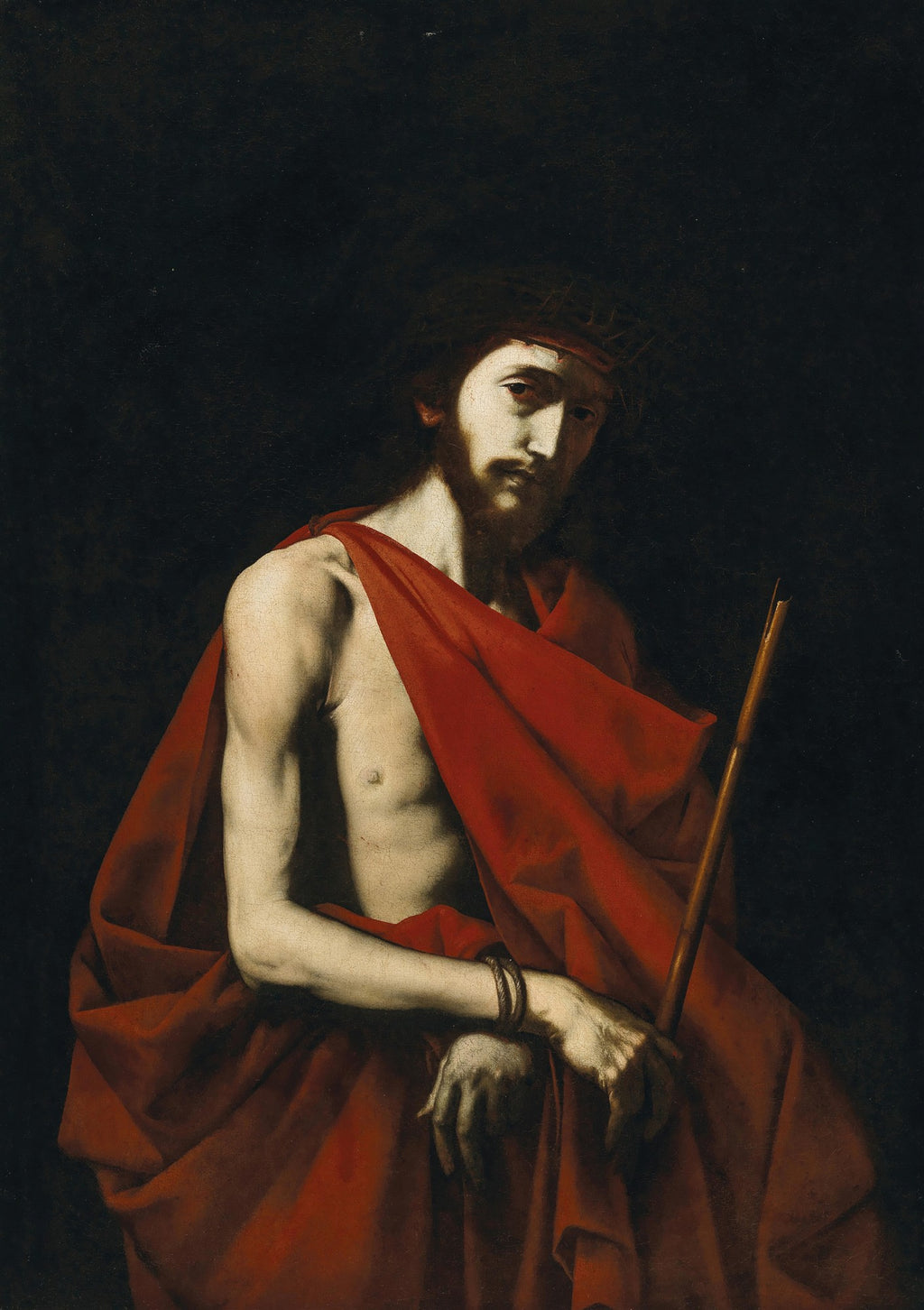 Quadro decorativo 'Ecce Homo' de Jusepe de Ribera, retratando Jesus Cristo com coroa de espinhos e manto vermelho, em estilo tenebrista barroco.