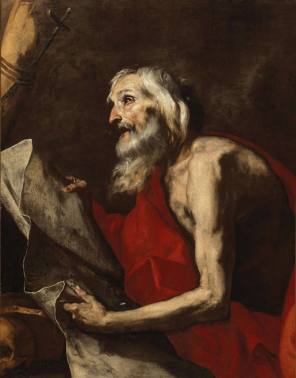 Pintura a óleo de Jusepe de Ribera, São Jerônimo Penitente, mostrando um homem idoso, de cabelos e barba brancos, com o torso nu e um manto vermelho cobrindo as pernas. Ele olha para cima com expressão pensativa e segura um pergaminho. Ao seu lado, um crucifixo rústico e uma caveira.