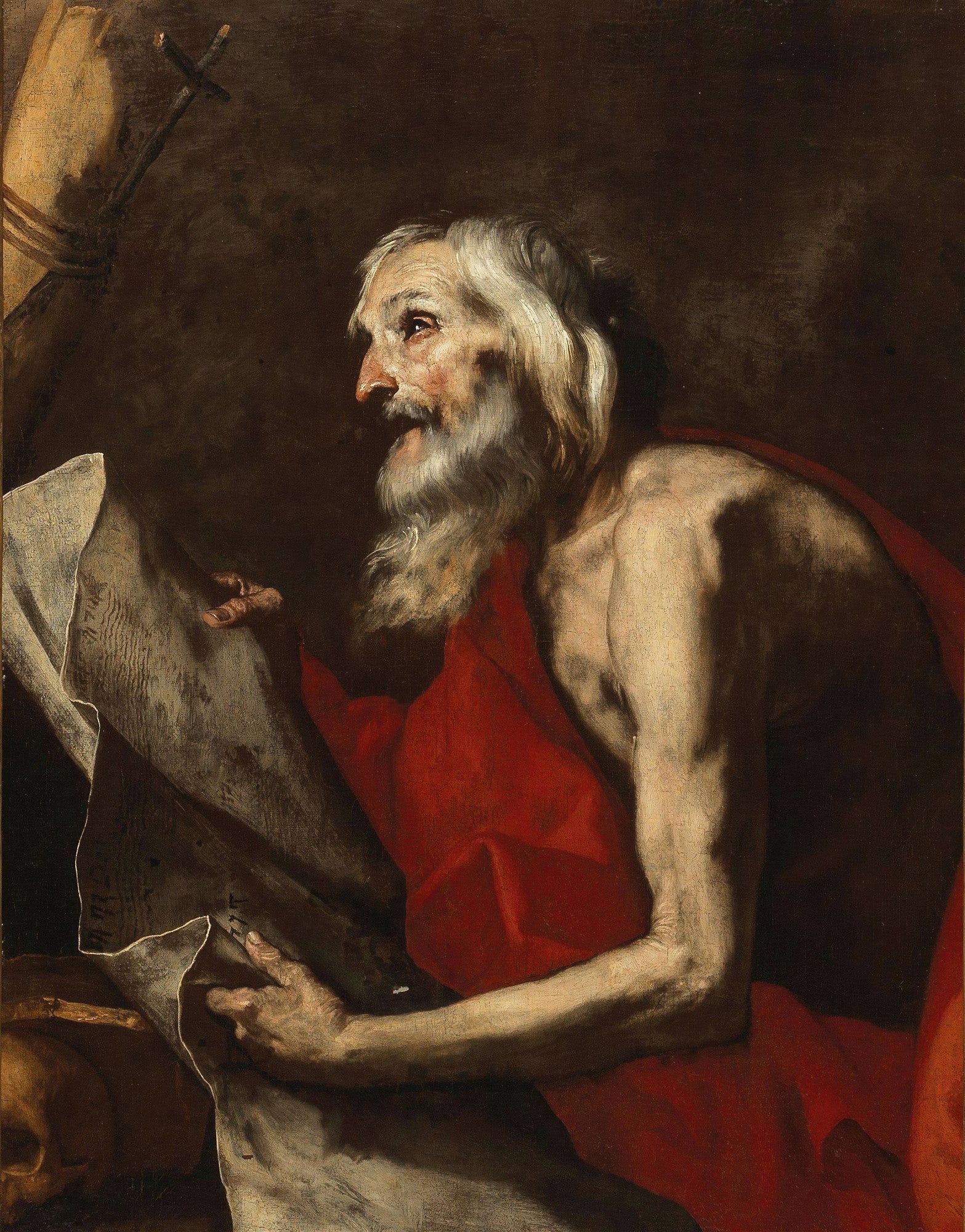 Pintura a óleo de Jusepe de Ribera, São Jerônimo Penitente, mostrando um homem idoso, de cabelos e barba brancos, com o torso nu e um manto vermelho cobrindo as pernas. Ele olha para cima com expressão pensativa e segura um pergaminho. Ao seu lado, um crucifixo rústico e uma caveira.