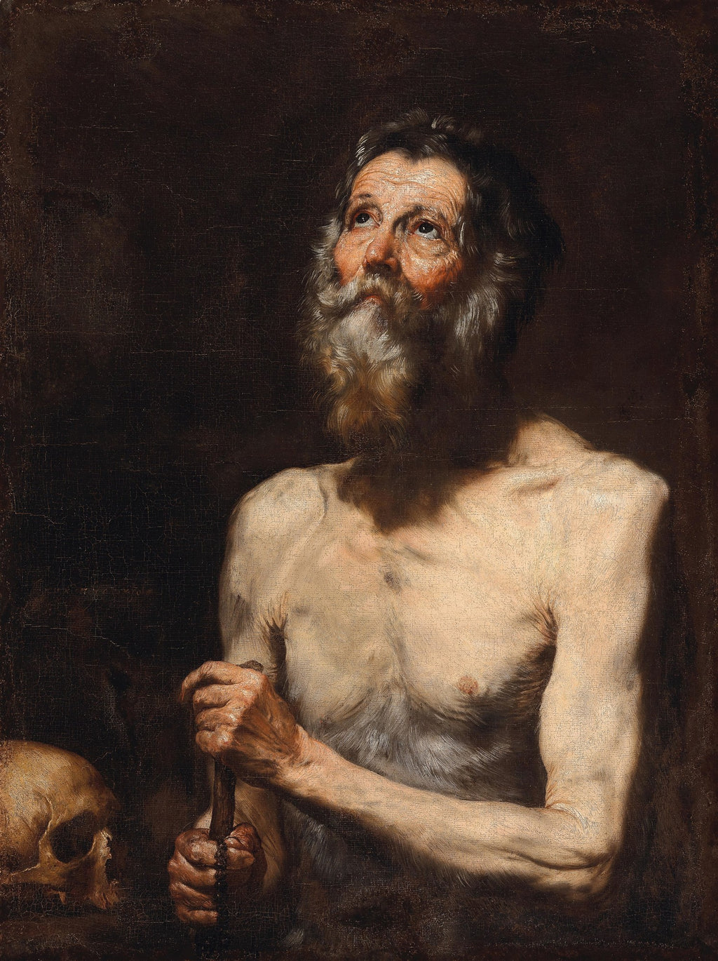 Pintura de Jusepe de Ribera mostrando São Jerônimo, um homem idoso e barbudo, com o tronco nu, olhando para cima em contemplação, segurando um crucifixo e com uma caveira ao lado, em um fundo escuro.