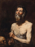 Pintura de Jusepe de Ribera mostrando São Jerônimo, um homem idoso e barbudo, com o tronco nu, olhando para cima em contemplação, segurando um crucifixo e com uma caveira ao lado, em um fundo escuro.