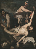 Pintura a óleo de Jusepe de Ribera, O Martírio de São Bartolomeu, retratando a cena bíblica com realismo dramático. A figura do santo idoso, deitado, sendo esfolado por agressores sob uma iluminação tenebrista, com expressões de dor e resignação. Cores escuras e contrastes fortes.