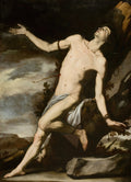 Quadro decorativo com a pintura 'Martírio de São Sebastião' de Jusepe de Ribera. A imagem mostra um homem jovem e musculoso, parcialmente nu, com flechas em seu corpo, olhando para cima com expressão de sofrimento e fé, em um cenário escuro e dramático.
