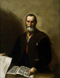 Quadro decorativo com um retrato de um homem idoso com barba, segurando e apontando para um livro aberto. A iluminação é dramática, com luz vindo do canto superior esquerdo, destacando o rosto e as mãos do homem, enquanto o fundo é escuro. A obra é de Jusepe de Ribera.