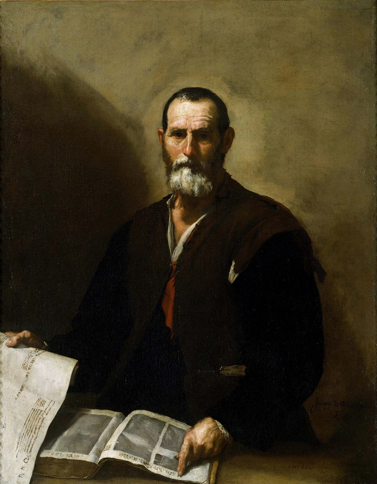 Quadro decorativo com um retrato de um homem idoso com barba, segurando e apontando para um livro aberto. A iluminação é dramática, com luz vindo do canto superior esquerdo, destacando o rosto e as mãos do homem, enquanto o fundo é escuro. A obra é de Jusepe de Ribera.