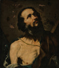 Quadro decorativo com um retrato de São Bartolomeu, pintado por Jusepe de Ribera, com o olhar voltado para cima em êxtase, com barba e cabelos escuros, ombros descobertos e um fundo escuro e dramático.