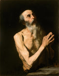 Retrato de São Jerônimo Penitente, um homem idoso, magro e barbudo, com expressão de súplica e mãos unidas em oração, iluminado dramaticamente contra um fundo escuro. Obra atribuída a Jusepe de Ribera.