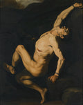 Quadro decorativo 'Prometeu Acorrentado' de Jusepe de Ribera, mostrando a figura nua de Prometeu, acorrentado, com um semblante de dor e desespero enquanto uma águia o ataca. A cena é dramática e tenebrista, com fortes contrastes de luz e sombra.