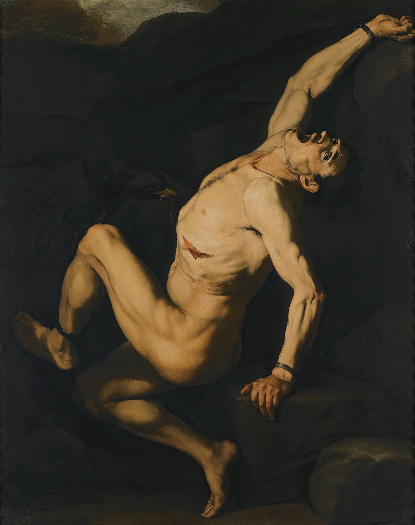 Quadro decorativo 'Prometeu Acorrentado' de Jusepe de Ribera, mostrando a figura nua de Prometeu, acorrentado, com um semblante de dor e desespero enquanto uma águia o ataca. A cena é dramática e tenebrista, com fortes contrastes de luz e sombra.