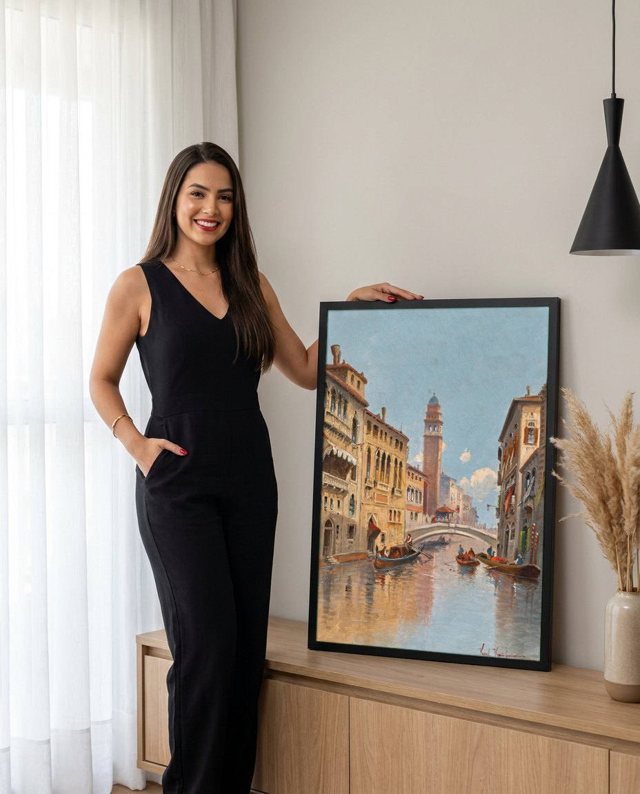 Quadro Decorativo Canal de Veneza - Karl Kaufmann | modelo apresentando o quadro emoldurado