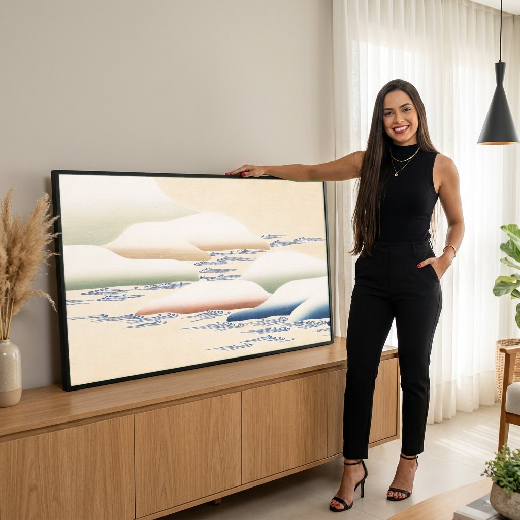 Quadro Decorativo Ondas e Nuvens - Kamisaka Sekka | modelo apresentando o quadro emoldurado