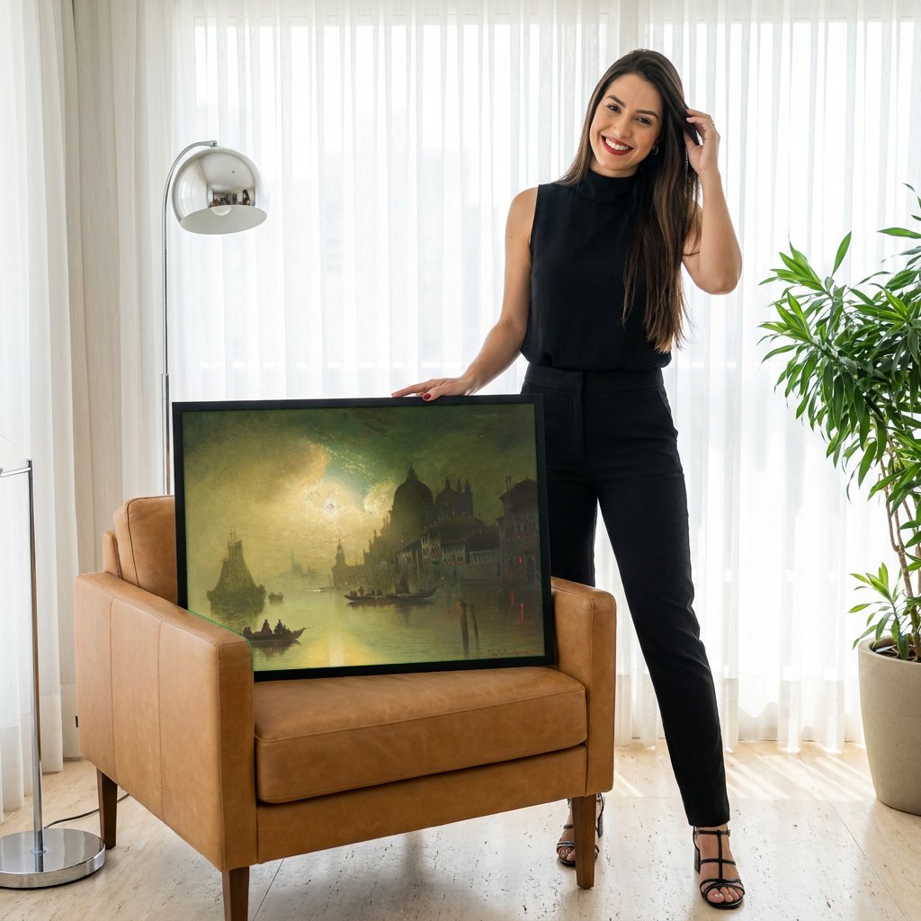 Quadro Decorativo Noite em Veneza - Karl Kaufmann | modelo apresentando o quadro emoldurado
