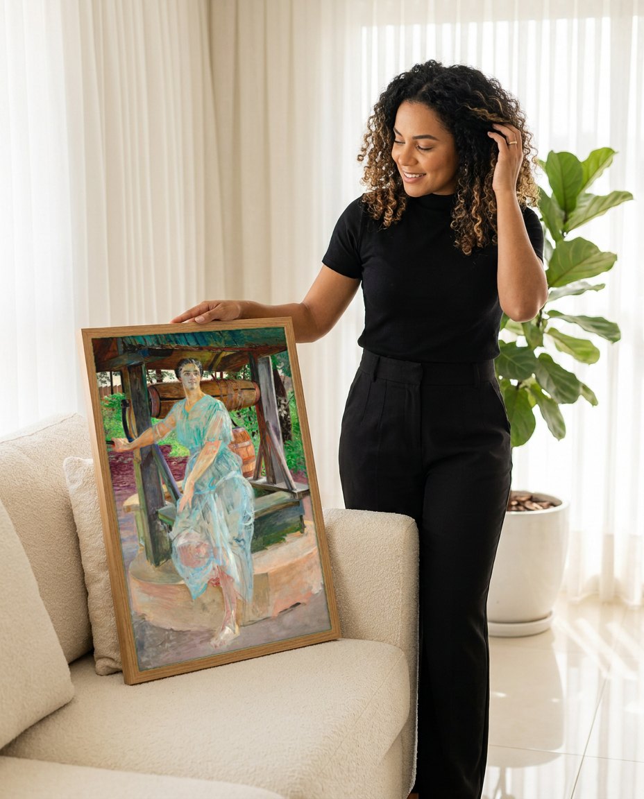 Quadro Decorativo A Mulher no Poco - Jacek Malczewski | modelo apresentando o quadro emoldurado