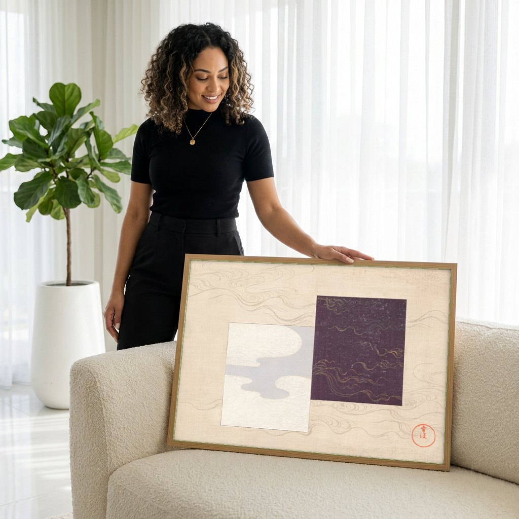 Quadro Decorativo Nuvens e Ondas - Kamisaka Sekka | modelo apresentando o quadro emoldurado