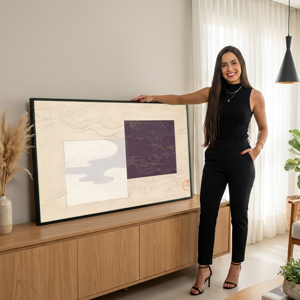 Quadro Decorativo Nuvens e Ondas - Kamisaka Sekka | modelo apresentando o quadro emoldurado