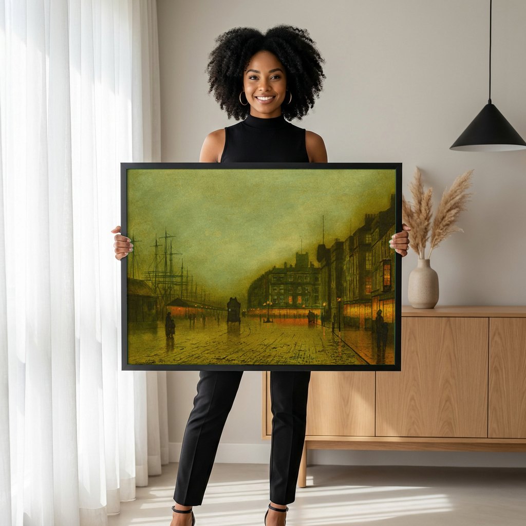 Quadro Decorativo Porto à Noite - John Atkinson Grimshaw | modelo apresentando o quadro emoldurado
