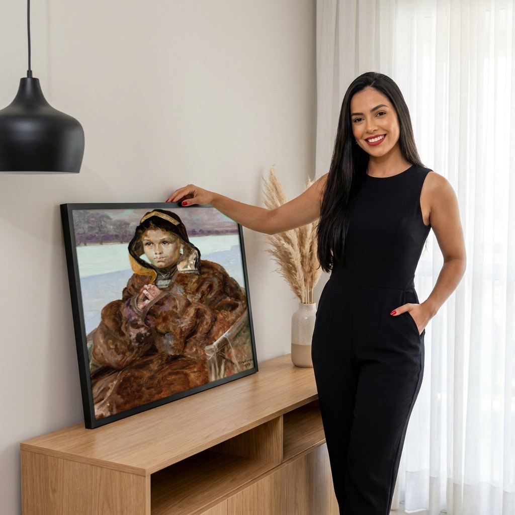 Quadro Decorativo A garota na neve - Jacek Malczewski | modelo apresentando o quadro emoldurado