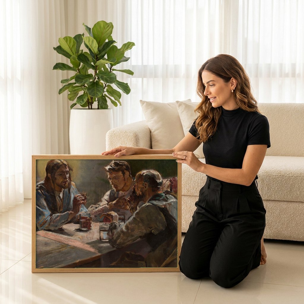 Quadro Decorativo A Ceia de Emaús - Jacek Malczewski | modelo apresentando o quadro emoldurado