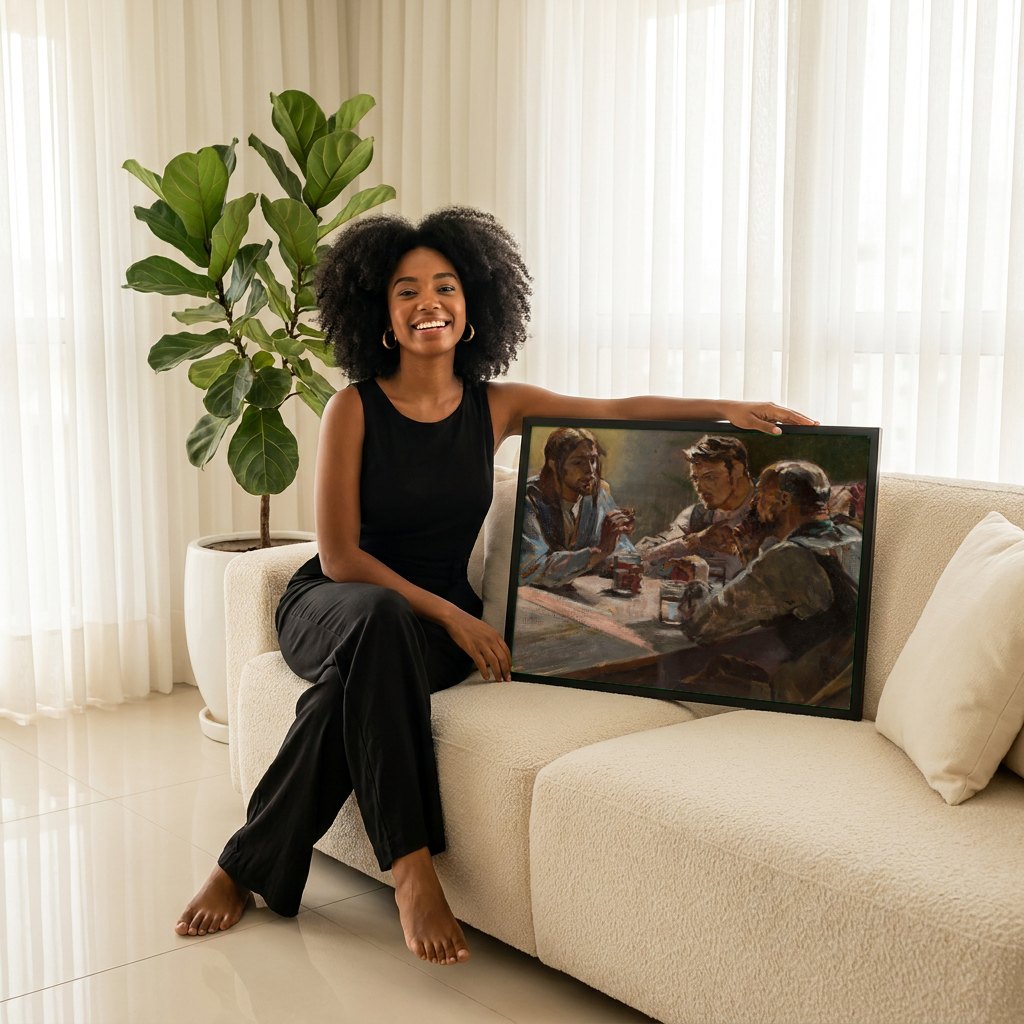 Quadro Decorativo A Ceia de Emaús - Jacek Malczewski | modelo apresentando o quadro emoldurado