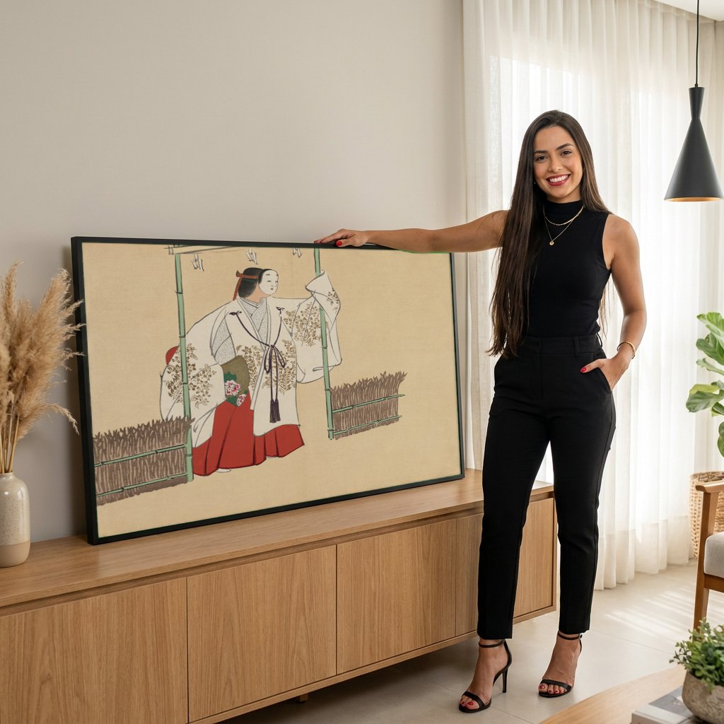 Quadro Decorativo Máscara de Noh - Kamisaka Sekka | modelo apresentando o quadro emoldurado