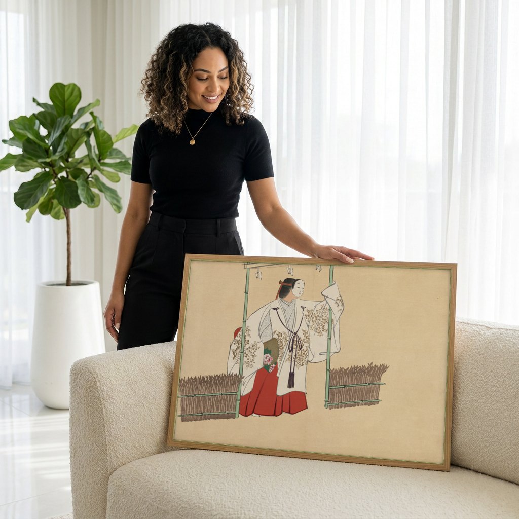 Quadro Decorativo Máscara de Noh - Kamisaka Sekka | modelo apresentando o quadro emoldurado
