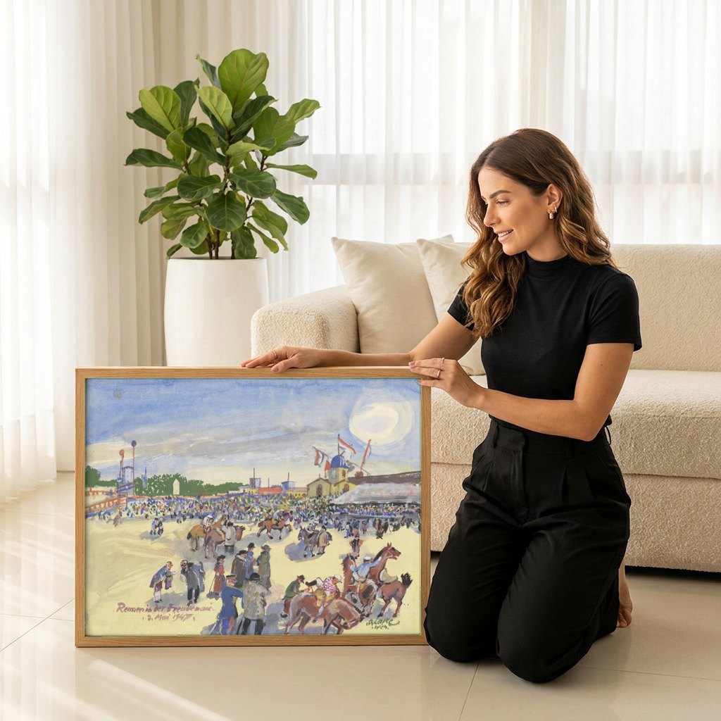 Quadro Decorativo Corrida de Cavalos - Oskar Laske | modelo apresentando o quadro emoldurado