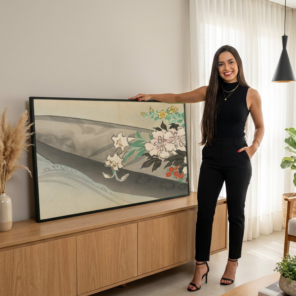 Quadro Decorativo Flores e Barco - Kamisaka Sekka | modelo apresentando o quadro emoldurado