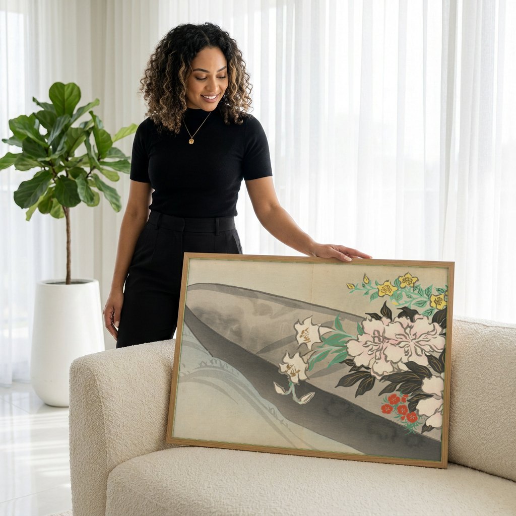 Quadro Decorativo Flores e Barco - Kamisaka Sekka | modelo apresentando o quadro emoldurado