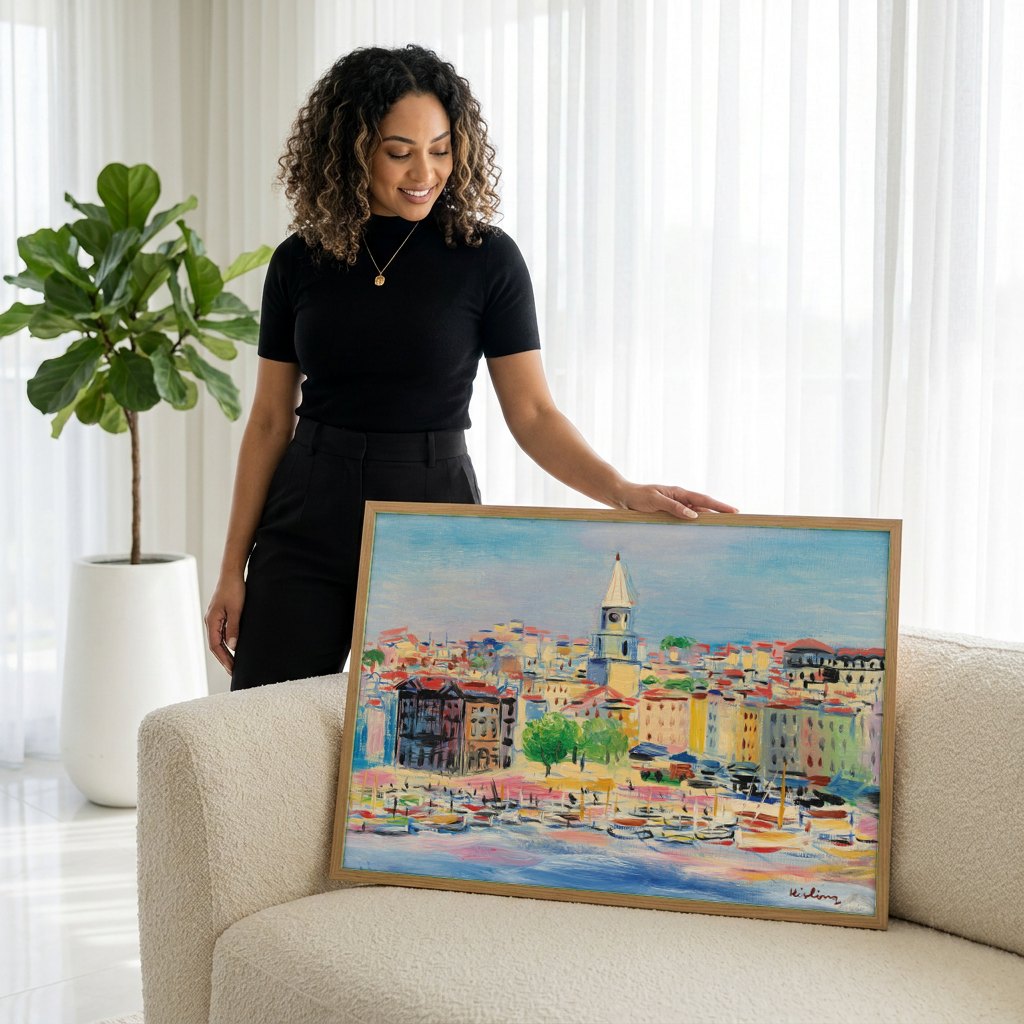 Quadro Decorativo Porto Vibrante - Moïse Kisling | modelo apresentando o quadro emoldurado