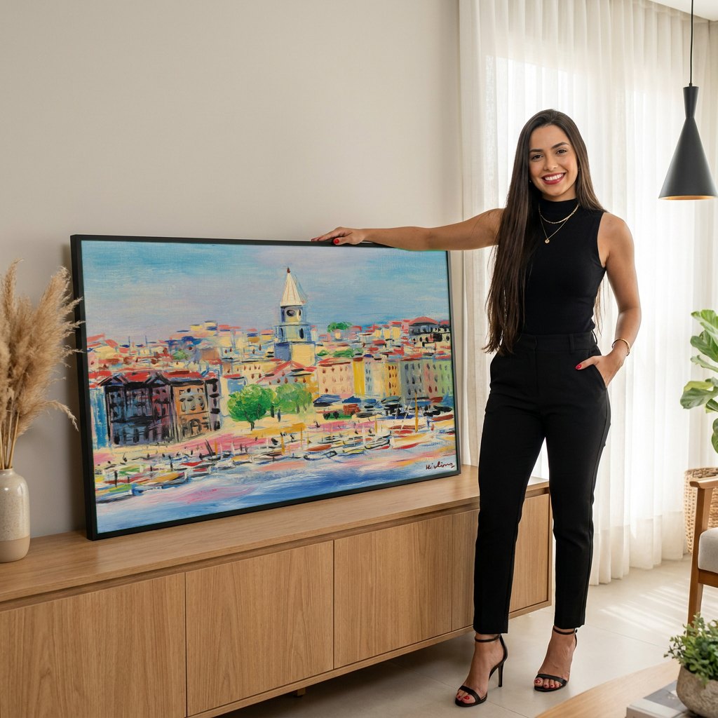 Quadro Decorativo Porto Vibrante - Moïse Kisling | modelo apresentando o quadro emoldurado