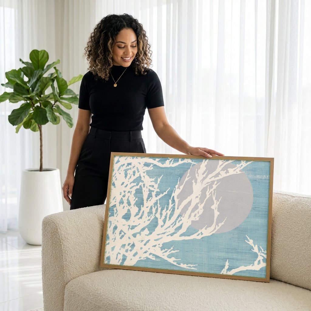 Quadro Decorativo Galhos ao Luar - Kamisaka Sekka | modelo apresentando o quadro emoldurado
